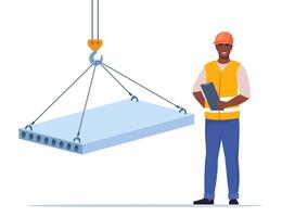 Slab hanged on crane hook by rope slings. Black man engineer looking for process of slab transportation and loading. Construction worker wearing protective helmet and clothes. illustration. vector
