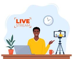 Blogger communicates in live stream with followers. African American Man records content on camera. Influencer creating for a blog. blogging concept. illustration. vector