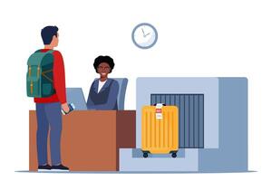 Passenger at international airport check in desk counter gate with weighting luggage belt, security check point, metal detector, x-ray scanner. Passenger and baggage check-in. illustration. vector