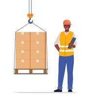 Warehouse worker. Boxes on a pallet are lifted with a crane hook. Warehouse female worker in hard hat manages the loading process. illustration. vector