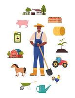 Farmer character and different farm elements. Black man farmer, barn, pig, fertilizer, haystack, cart, crop, pitchfork, watering can, plant. Set of elements on farm theme. illustration. vector