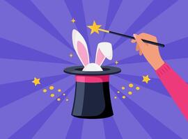 Magic hat with bunny ears. Magician hat with rabbit. Circus show, abracadabra wand in magicians hand. Magic rabbit in hat, bunny trick. illustration. vector