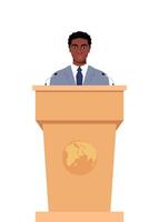 Black man in a business suit stands on a rostrum in front of the microphones. Man orator speaking from tribune. illustration. vector