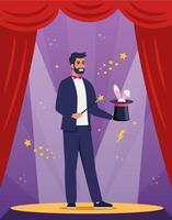 Illusionist, magician demonstrating trick and taking rabbit out of top hat. Concept of stage magic performance, magical illusion. illustration for banner, poster. vector