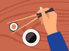 Sushi on wooden board with sushi chopsticks and soy sauce. Hand holds chopsticks with sushi. Hand holds bamboo sticks. Sushi illustration with trout fish, salmon and caviar. illustration. vector