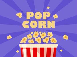 Popcorn bucket, realistic pop corn container. White and red bucket with flying out snack seeds. Striped paper box with popcorn. illustration. vector