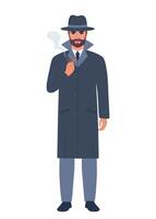 Private detective in gray hat and coat. Handsome man character with smoking pipe. illustration isolated on white background. vector