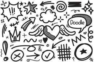 Doodle set of hand-drawn cartoony expression sign doodle, curve directional arrows, emoticon effects design elements, cartoon character emotion symbols, cute decorative brush stroke lines. vector