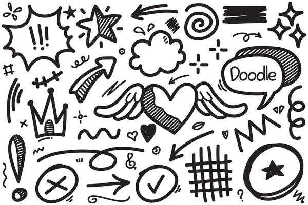 Doodle set of hand-drawn cartoony expression sign doodle, curve directional arrows, emoticon effects design elements, cartoon character emotion symbols, cute decorative brush stroke lines.