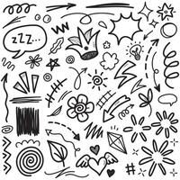Doodle set of hand-drawn cartoony expression sign doodle, curve directional arrows, emoticon effects design elements, cartoon character emotion symbols, cute decorative brush stroke lines. vector