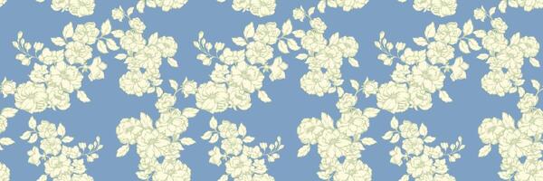 Seamless floral pattern on a blue background. Simple elegant botanical design. Hand drawing blooming meadow. Abstract artistic branches flower intertwined in a nature ornament. illustration vector