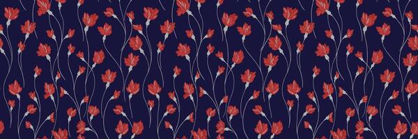Creative florals stems seamless print on a dark background. Abstract artistic branches with tiny flowers small buds intertwined in a pattern. hand drawing. Simple ornament for designs, textiles vector