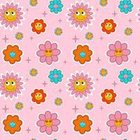 y2k elements, pink seamless pattern. Retro flowers characters. illustration, trendy cartoon style. vector