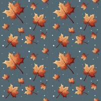 Autumn snow pattern with falling leaves. Dark background, illustration. vector