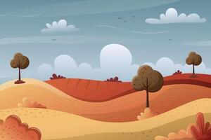 Harvest festival background. Autumn landscape. Orange field with bushes and trees. Blue sky with clouds. illustration with gradient. vector