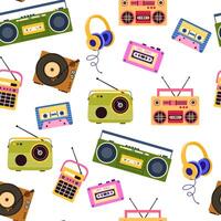 Retro music pattern. Seamless background with old cassettes, boomboxes, turntables, tape recorders and vinyls in 60s and 70s styles. Repeating texture for printing. Colored flat illustration vector