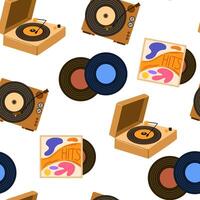 Music vinyl records pattern. Seamless retro background with gramophone discs and old turntable players. Endless texture with repeating print. Flat illustration for wrapping and decoration vector