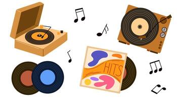 Portable turntable with vinyl LP disc. Retro music record player in suitcase of 50s. Old gramophone with analog grooved LP disc. Flat illustration of phonograph isolated on white background vector
