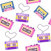 Retro cassette pattern. Seamless music background with 90s casette tapes and pencils. 80s endless repeating texture for printing. Repeatable backdrop. Printable flat illustration for decoration vector