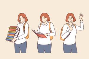 Woman student with stack of books and backpack behind is ready to gain new knowledge from literature vector