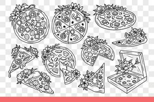 Pizza in process preparation and delivery, near chef and ingredients for recipe. Hand drawn doodle vector