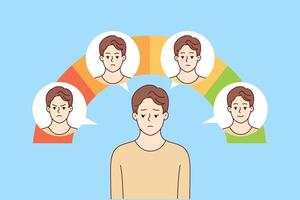 Young man with impostor syndrome feels drop in mood when standing near emotion scale. vector