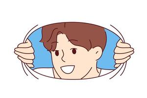 Smiling man looks at screen through hole in material, sharing positivity and good mood with you vector