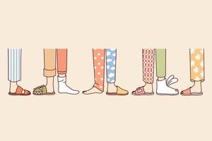 Legs of people from pajama party, in different pants and slippers, attending themed holiday vector