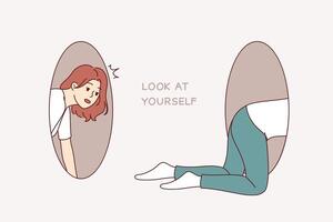 Woman looks for causes problems within personality, crawling through holes and bumping into own feet vector