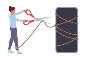 Digital detox is done by woman with mobile phone, cutting rope with scissors to get rid of addiction vector