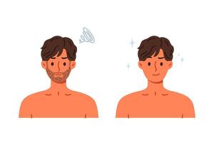 Unshaven man was transformed and become handsome after using new razor with sharp blade vector