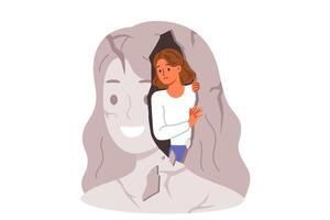 Woman with psychological problems looks out of own destroyed image and needs psychotherapy session vector