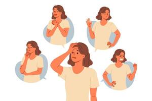 Woman with negative emotions shows different grimaces symbolizing resentment and disgust or hatred vector