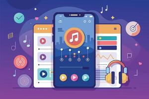 a phone with headphones and music notes on it, Screen mockup for a virtual reality interactive learning experience vector