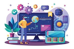 a computer screen with a planet and other objects around it, Screen mockup for a virtual reality interactive learning experience vector