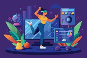 a woman is dancing in front of a computer, Screen mockup for a virtual reality fitness program vector