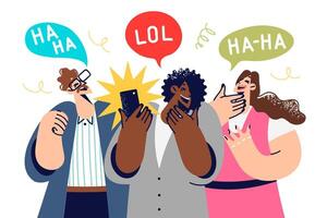 Laughing people watch on mobile phone, enjoying jokes and anecdotes from stand-up comedian vector