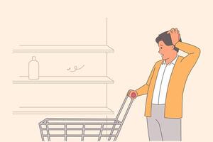 Man shopper sees shortage of goods in store and empty shelves as result of economic crisis vector