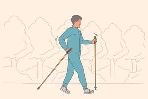 Man uses nordic walking for walk in park and active lifestyle that improves well-being vector