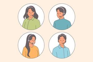 People call center agents with headset for phone conversations, answer users who applied to hotline vector