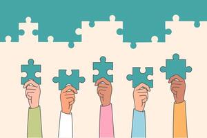 Teamwork business people holding puzzles in hands, assembling single structure and building company vector