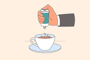 Person hand adds sweetener to coffee to make drink sweeter without use of sugar. vector