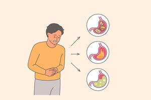 Man suffers from abdominal pain due to stomach problems and needs help of gastroenterologist vector