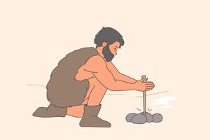 Primitive man makes fire using tree branch and stones in process of evolutionary development vector