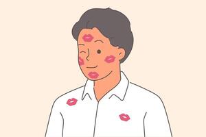 Man with traces of kisses on face and shirt left by girlfriend smiles after end of date vector