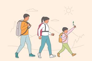 Friendly family goes on hike in mountains, walking through national park with backpacks on backs vector