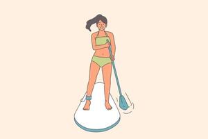 Woman surfer uses SUP board to float down river, and rows paddle to adjust direction vector