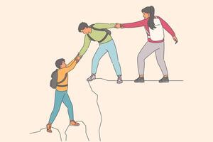 Friendly help from climbers for lagging friend, having trouble climbing to top of mountain vector