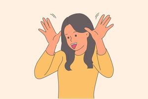 Bully girl makes funny grimace, sticking out tongue and putting palms to ears to amuse interlocutor vector