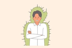 Nervous man experiences aggression and rage due to bad mood, stands in cactus cocoon vector